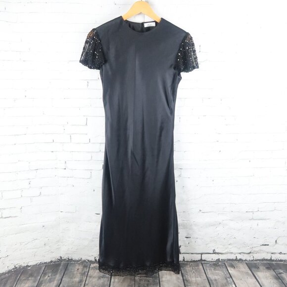 VICKI SOBLE BLACK SILK WITH EMBROIDERED AND BEADED SLEEVE & HEM MIDI DRESS - Picture 1 of 10